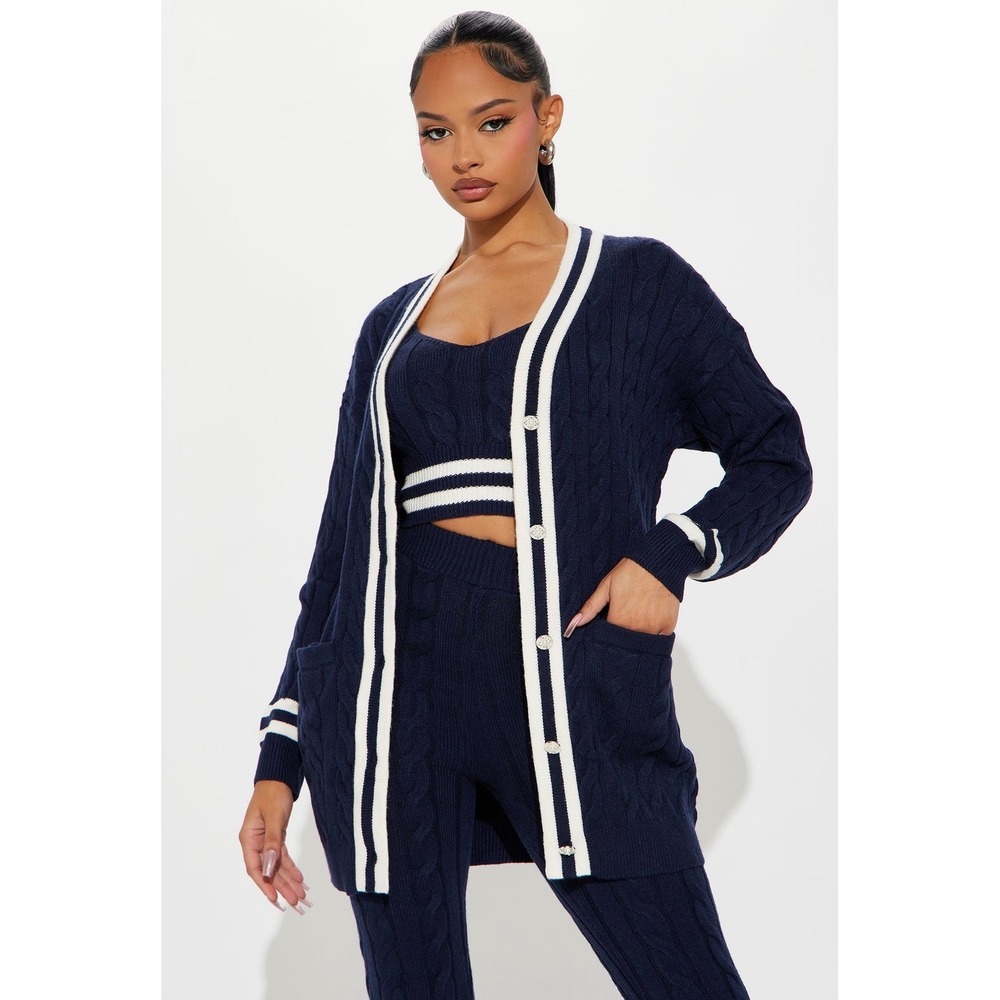 Fashion Nova Cardigan Sweater Womens Size M Navy Blue Cable Knit Varsity Stripe - Picture 1 of 10